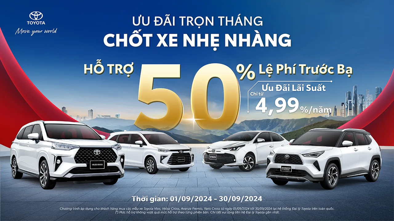 CHƯƠNG TRÌNH KHUYẾN MẠI CHO MẪU XE VIOS, VELOZ CROSS, AVANZA PREMIO VÀ YARIS CROSS TRONG THÁNG 09/2024